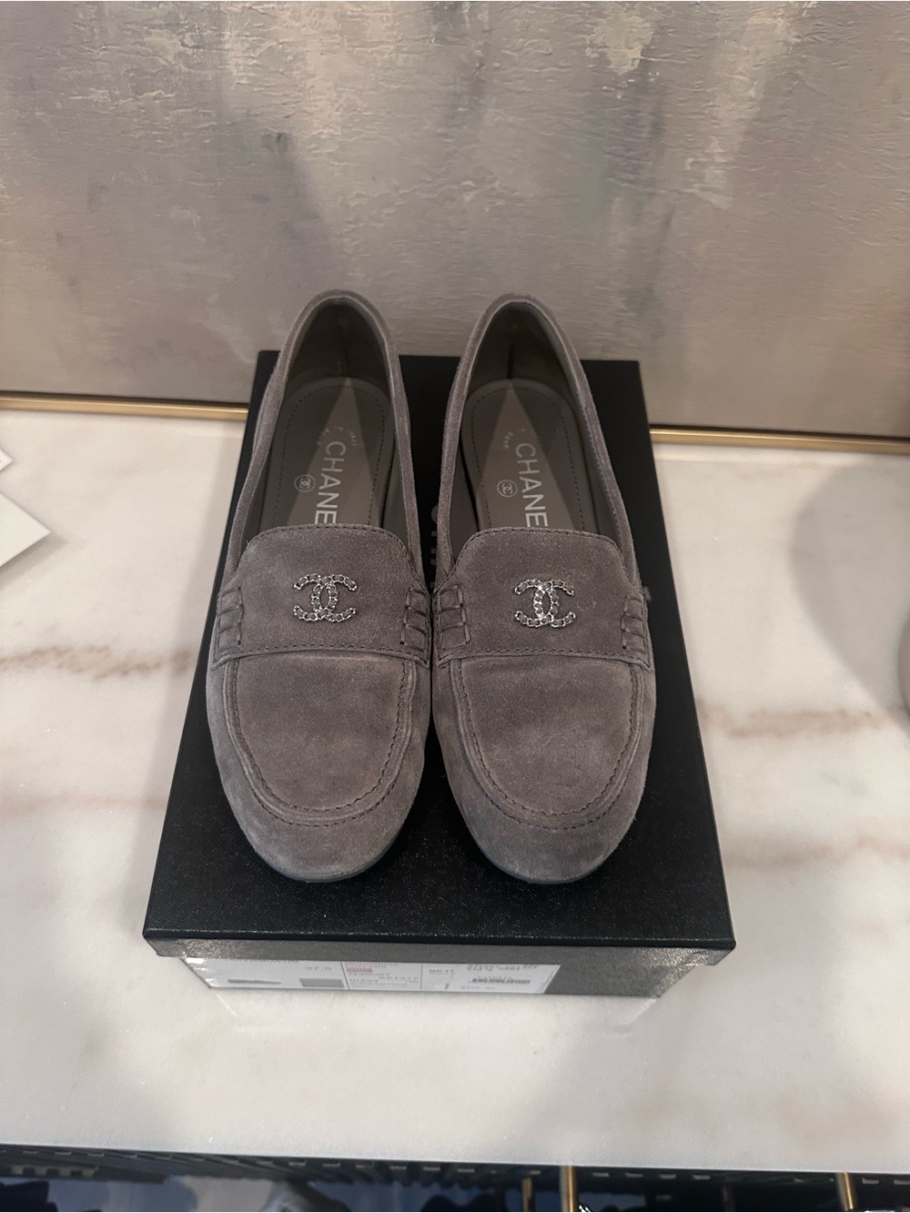 CHANEL Grey Suede Men's Loafers with Crystal CC